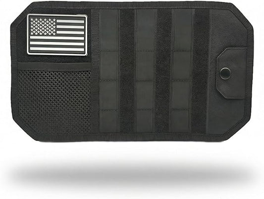 Car Sun Visor Organizer | Multi-Pocket Storage Pouch for SUVs & Trucks | Black Organizer with Double Zippers, Elastic Bands & Glasses Clip | 12.8x7x1.2 Inch