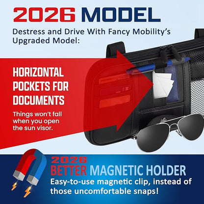 Car Sun Visor Organizer – Car, SUV, Truck Interior Accessories - Magnetic Glasses Holder & Full Length Horizontal Pockets, Allows Safe Driving - 12.2 X 6.1 in, Black