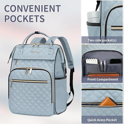 EMPSIGN 17 Inch Laptop Backpack for Women, Work Business Travel Computer College Bags, Large Capacity Water-repellent Quilted Casual Daypack, Light Blue