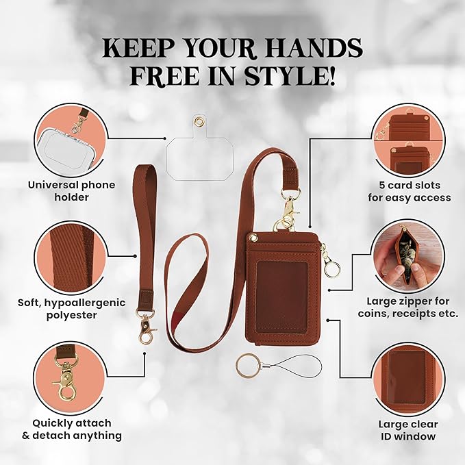 Mondo Designs 2-in-1 ID Badge Holder & Lanyard Wallet - Multi-Use Womens Small Wallet with Removable Wristlet & Neck Lanyard, Clear Window, 5 Card Slots, Phone Holder, Ring Keychain - Brown