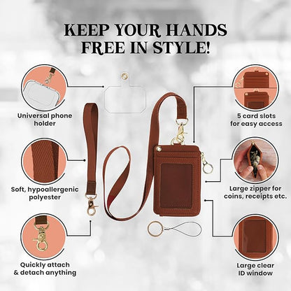 Mondo Designs 2-in-1 ID Badge Holder & Lanyard Wallet - Multi-Use Womens Small Wallet with Removable Wristlet & Neck Lanyard, Clear Window, 5 Card Slots, Phone Holder, Ring Keychain - Brown