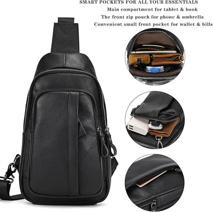 Genuine Leather Sling Bag Multi-pocket Chest Bag for Men Hiking Travel Daypack