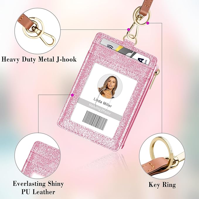 ID Badge Holder with Lanyard, Vertical Bling Shiny ID Badge Card Holder with 1 Clear ID Window, 4 Credit Card Slots, 1 Cash Coin Slot and a Detachable Neck Lanyard (Bling Pink)