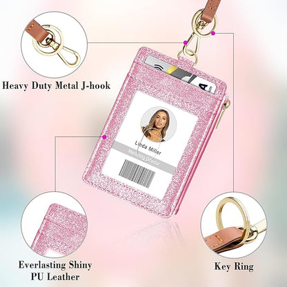 ID Badge Holder with Lanyard, Vertical Bling Shiny ID Badge Card Holder with 1 Clear ID Window, 4 Credit Card Slots, 1 Cash Coin Slot and a Detachable Neck Lanyard (Bling Pink)