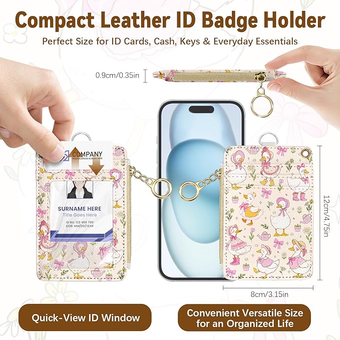 Cute Leather Badge Holder with Zipper Pocket, Goose Lanyards and 1 Zip Pocket and 4 Card Slots, Pink Bow Breakaway Lanyards with Metal Clasp for Offices, Staff, Adult, Employees