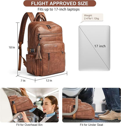Shrrie Vegan Leather Laptop Backpack for Women,17 Inch Computer Backpack Purse for Work Business College Travel Teacher Nurse with Anti-theft Pocket & Giant Tumbler Holder Pocket,Caramel Brown