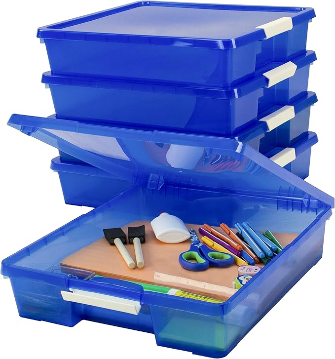 Storex Classroom Craft Project Box – Stacking Plastic Organizer Fits 12x12 Scrapbooking Paper, Blue, 5-Pack (63203U05C)