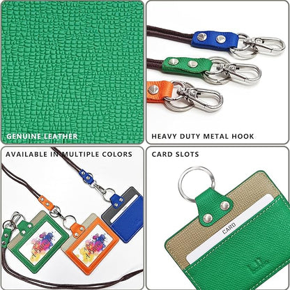 Badge Holder: Boshiho Cowhide Leather ID Badge Card Holder with 19" Neck Lanyard, Horizontal Style (Green-Gray)