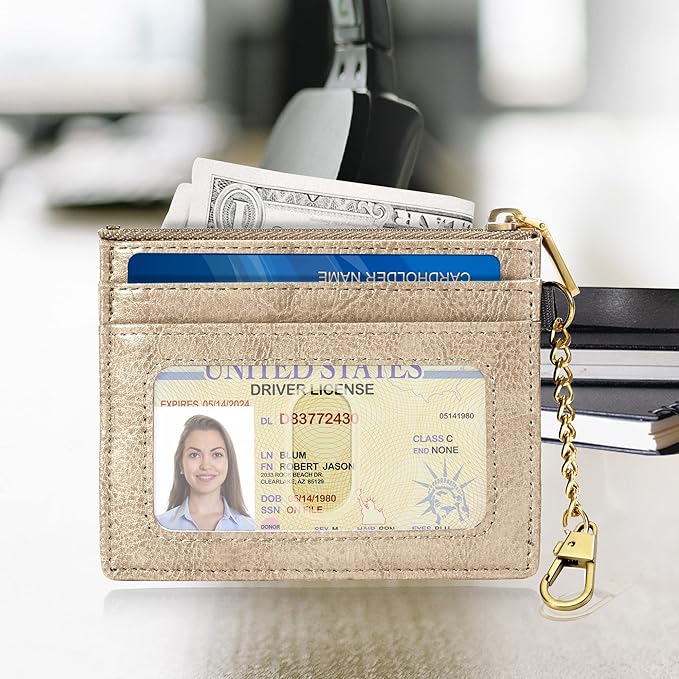 SEAVILIA Card Holder Keychain Wallet for Women with ID Window RFID Coin Purse Bee Gifts Slim Minimalist Small Wallet