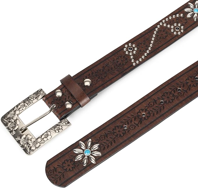INOGIH Adjustable-Vintage-Western-Cowboy-Belt Women Men - Cowboy-Style Engraved-Buckle Belt for Jeans Pants Dresses