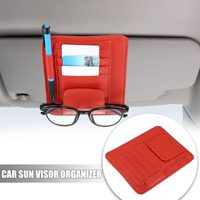 X AUTOHAUX PU Leather Car Sun Visor Organizer Glasses Holder Card Holder Auto Accessories Pocket Organizer Red