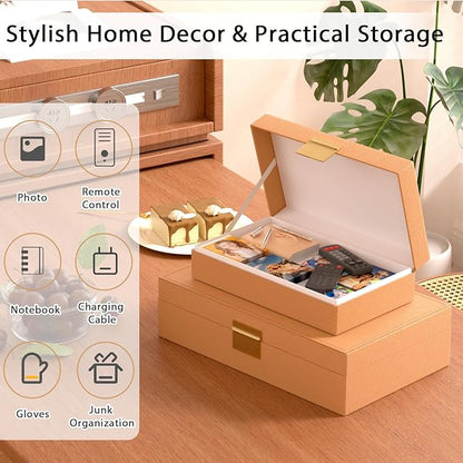 Decorative Storage Boxes Set of 2 - Multi-Purpose Beautiful PU Leather Organizer Bins for Your Home Decor - Decorative Containers with Lids Store Photos, Documents, Memory Box Keepsakes (Brown)