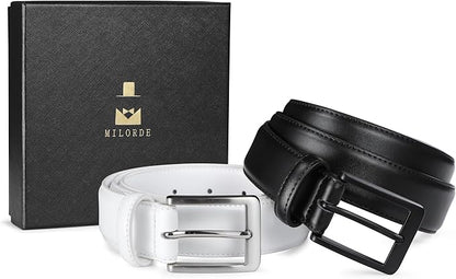 MILORDE Men's Leather Dress Belt 2Pack, Handmade, Genuine Leather, Fashion & Classic Designs for Work Business and Casual