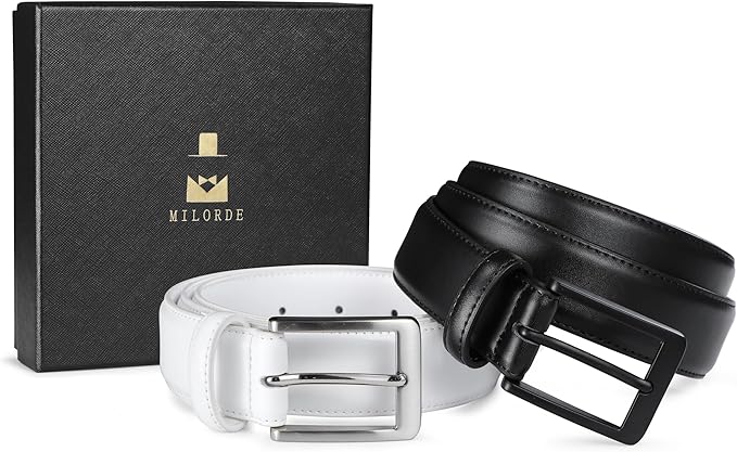 MILORDE Men's Leather Dress Belt 2Pack, Handmade, Genuine Leather, Fashion & Classic Designs for Work Business and Casual