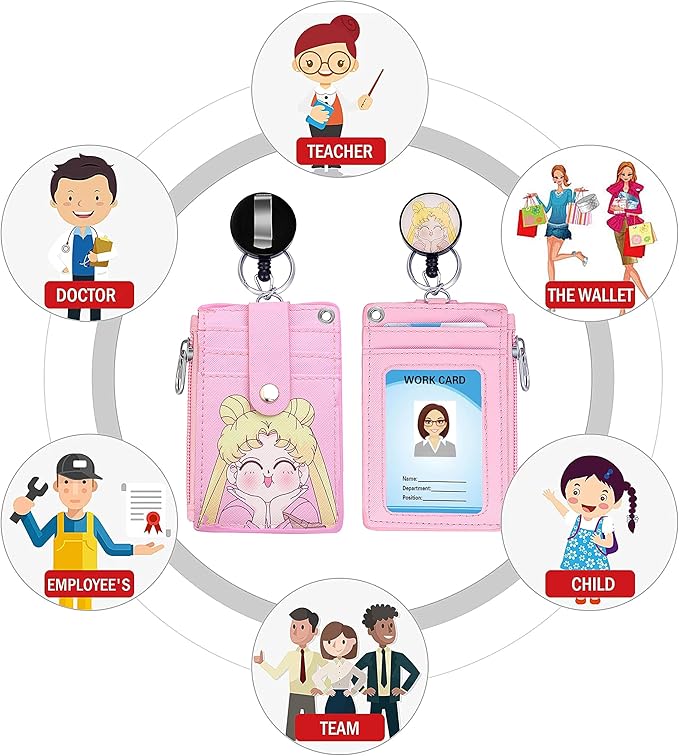 【2025 New】 Cute ID Badge Holder Retractable Lanyard Reel Clip with Heavy Duty Carabiner,5 Card Slots in 2 Sided with Key Ring and Zipper for Students Teens Boys Girls Office Staff Women (Lovely Girl)