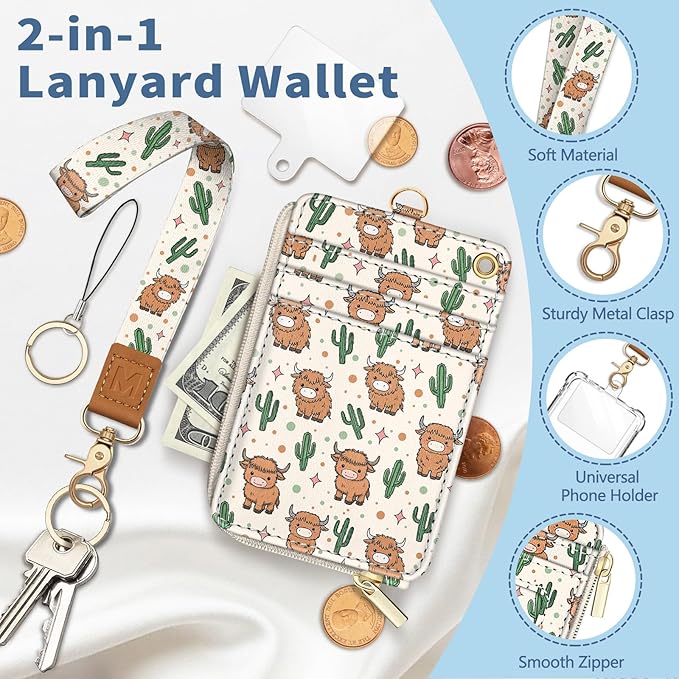 Lanyard Wallet with Id Badge Holder, Highland Cow RFID Small Keychain Wallet Women Wristlet, Zipper Credit Card Holder Phone Wrist Neck Strap for Key Name Tag, Teacher Student Office Gifts