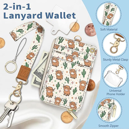 Lanyard Wallet with Id Badge Holder, Highland Cow RFID Small Keychain Wallet Women Wristlet, Zipper Credit Card Holder Phone Wrist Neck Strap for Key Name Tag, Teacher Student Office Gifts