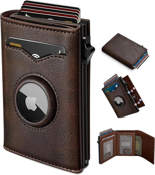 miyozi Airtag Wallet for Men,with Cash Pocket 2 ID Window 9-12 Cards,Metal Case Smart Slim Pop Up Credit Card Holder Flip with Magnetic Closure RFID Blocking Trifold wallet with Gift Box