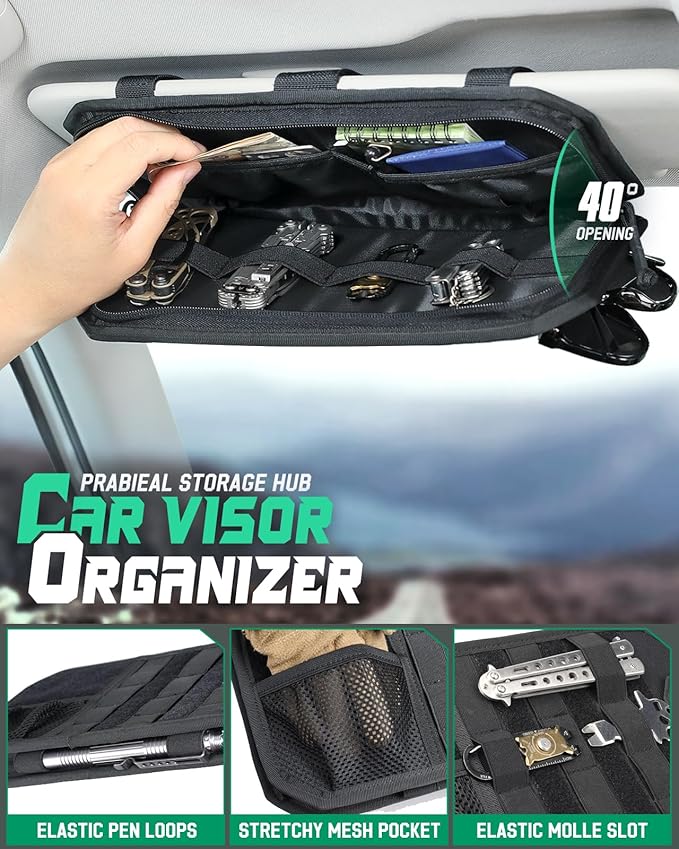 LIVANS Tactical Car Sun Visor Organizer, Auto Accessories Semi-Rigid Molle Panel with Zipper Storage Pouch & Glasses Holder, Gift for Car Gear, Fit Cars, Trucks, Suvs, Jeeps & Patrols(Black)