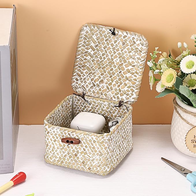 Hipiwe Handwoven Seagrass Basket Decorative Shelf Basket with Lid Mini Wicker Storage Box for Key Hair Ties, Whitewash 4.7" x 4.7" x 3"