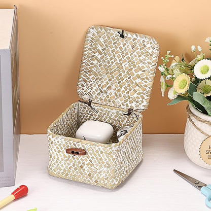 Hipiwe Handwoven Seagrass Basket Decorative Shelf Basket with Lid Mini Wicker Storage Box for Key Hair Ties, Whitewash 4.7" x 4.7" x 3"