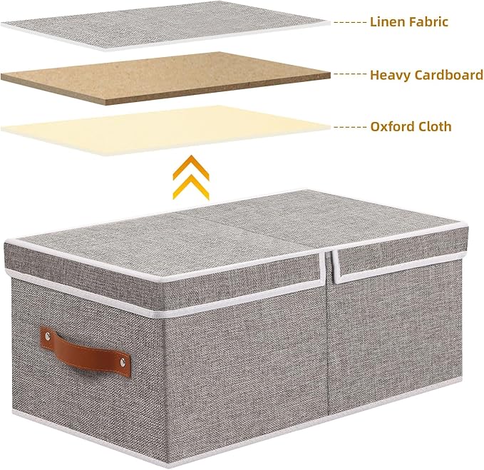 3-Pack Storage Boxes, Foldable Blanket Basket with Detachable Lid, Linen Closet 0rganizers with Double Handles, Collapsible Cubes for Organizing, Grey, 18.5 x 11 x 7.9 in
