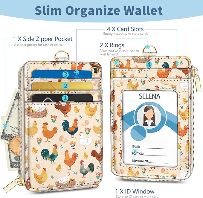 Lanyard Wallet with Id Badge Holder, Chicken RFID Small Keychain Wallet Women Wristlet, Cute Zipper Credit Card Holder Phone Wrist Neck Strap for Key Name Tag, Teacher Student Office Gifts