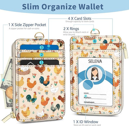 Lanyard Wallet with Id Badge Holder, Chicken RFID Small Keychain Wallet Women Wristlet, Cute Zipper Credit Card Holder Phone Wrist Neck Strap for Key Name Tag, Teacher Student Office Gifts
