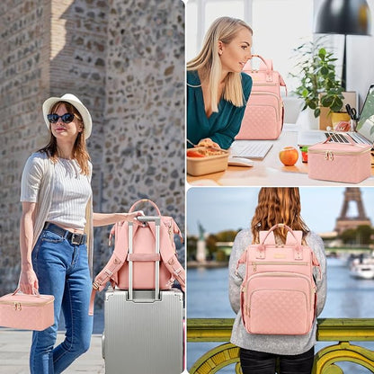 Lunch Backpack, 15.6 inch Laptop Backpack with Insulated Lunch Bag, Backpack Cooler for Women, Large Travel Backpack Lunch Box Compartment, Work Computer Backpack, Teacher College Book Bag, Pink
