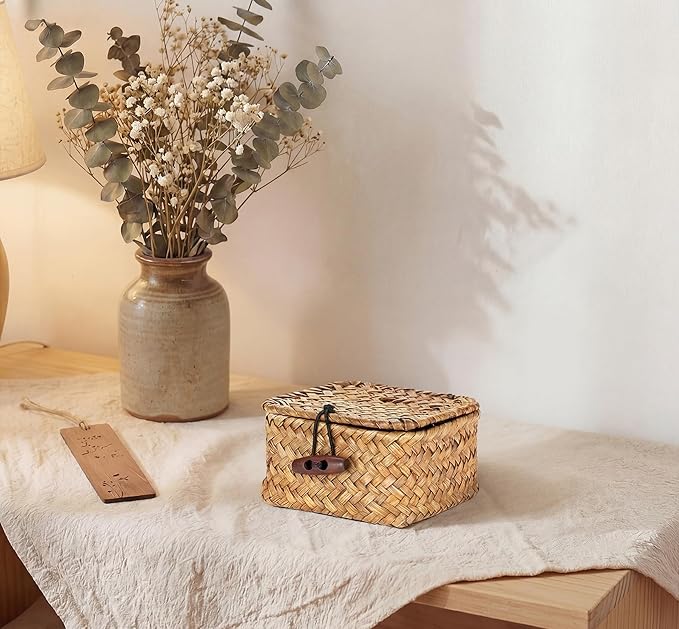 Hipiwe Handwoven Wicker Basket with Lid Desk Organizer for Remote Control Key Glass Coffee Color Seagrass Box for Decoration, Caramel Color 3.5" x 3.5" x 2"