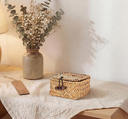 Hipiwe Handwoven Wicker Basket with Lid Desk Organizer for Remote Control Key Glass Coffee Color Seagrass Box for Decoration, Caramel Color 3.5" x 3.5" x 2"