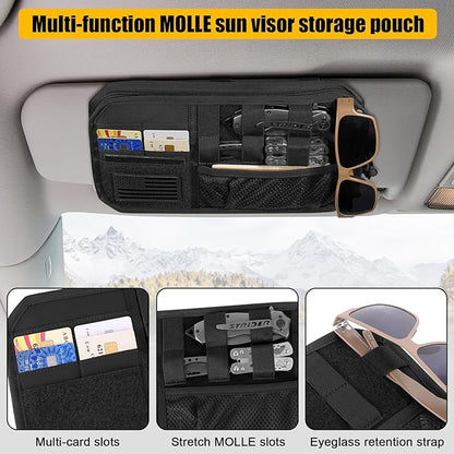 Car Sun Visor Organizer, Tactical Sunvisor Organizers Storage Covers for Trucks, Molle Panel with Pockets Zipper Visor Storage Pouch Accessories, Fits Most Vehicles, SUVs & Jeeps (BK)