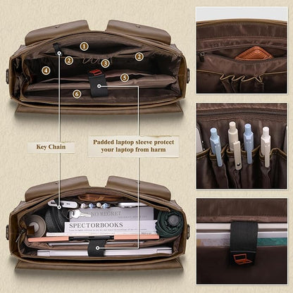 Leather Messenger Bag for Men 15.6 Inch Vintage Laptop Bag Waterproof Briefcases for Men Computer Bag Satchel for Work/Office