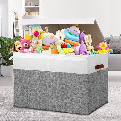 Gowee Large Toy Storage Box with Lid, Sturdy Toys Storage Chest Bin Organizer Basket with Dividers for Kids, Boys, Girls, Nursery, Closet, Bedroom, Playroom 26"x17" x17" (Grey and White)