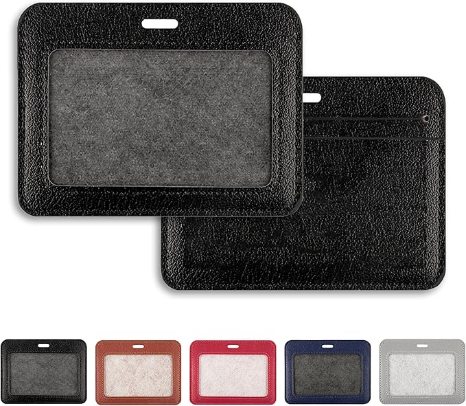 2 Pcs Leather ID Badge Holders, Horizontal, Black, Multiple Card Slots for Offices, Staff, Students, Employees