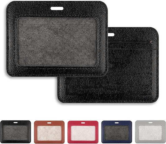 2 Pcs Leather ID Badge Holders, Horizontal, Black, Multiple Card Slots for Offices, Staff, Students, Employees