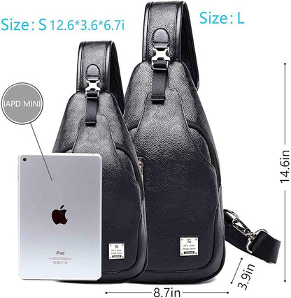 Small Sling Bag Crossbody Backpack Over the Shoulder Bag for Men Women Travel Outdoors, Lightweight Sling Chest Pack (Large, Pu leather)