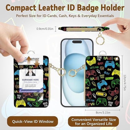 Gamepad Leather Badge Holder with Zipper Pocket, Game Work Lanyards and 1 Zip Pocket and 4 Card Slots, Gamer Breakaway Lanyards with Metal Clasp for Boys, Adult, Teachers