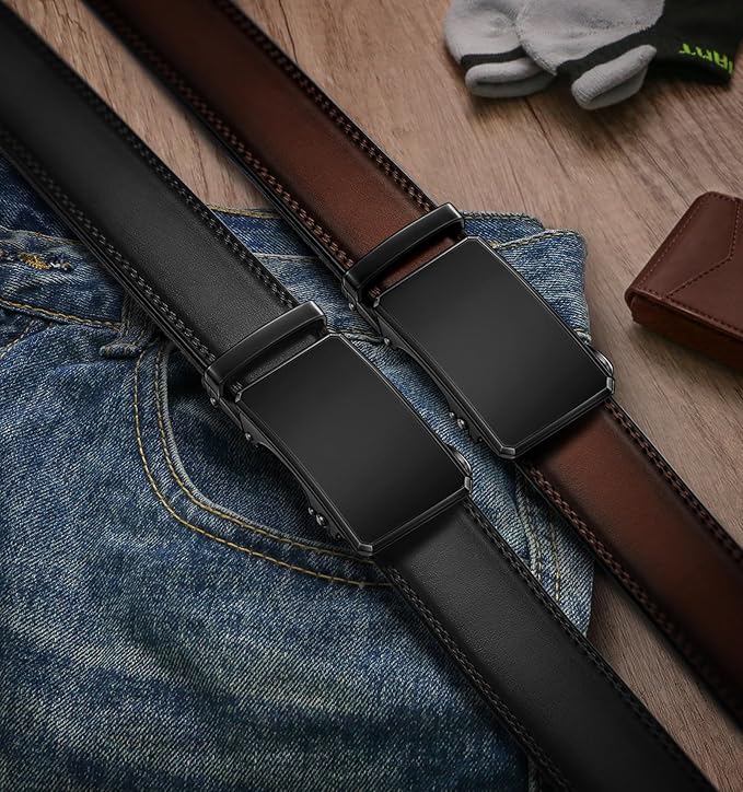 KEMISANT Men Belt 2 Pack, Leather Ratchet Belt Easy Click Slide For Men 1 3/8",Cut for Fit
