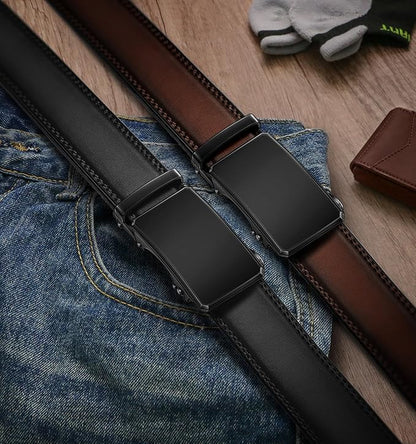 KEMISANT Men Belt 2 Pack, Leather Ratchet Belt Easy Click Slide For Men 1 3/8",Cut for Fit
