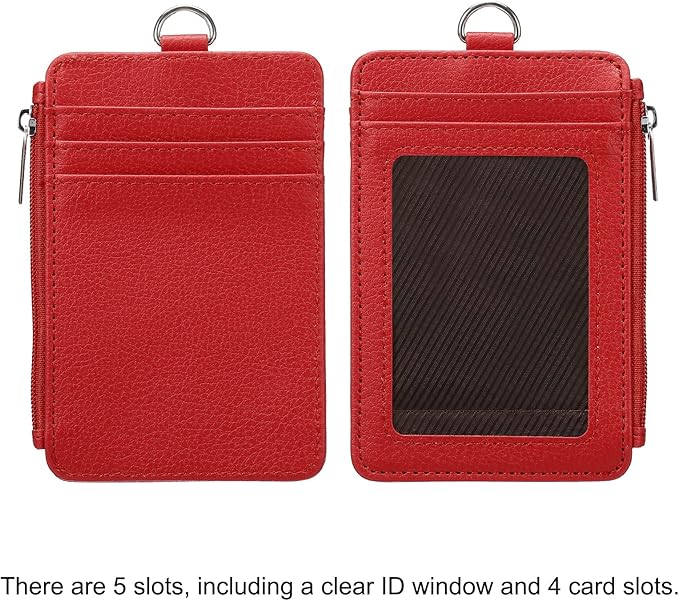 MECCANIXITY ID Badge Holders with Lanyard, Vertical PU Leather 5 Card Slots Zipper Portable Wallet Clear Window for Office, Red