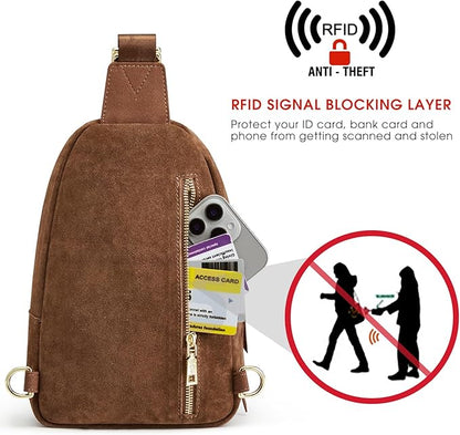 Kattee Sling Bag for Women, Genuine Suede Leather Fanny Packs Crossbody Purse, Small Chest Bag with RFID Blocking, Coffee