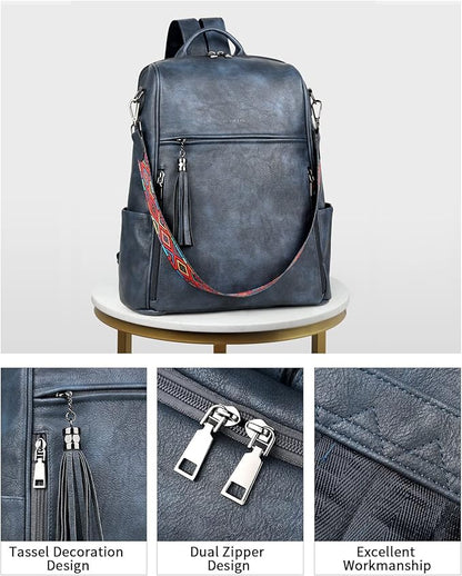FADEON Leather Laptop Backpack for Women Designer 15.6 inch PU Laptop Bag, Ladies Travel Computer Work Backpack Blue