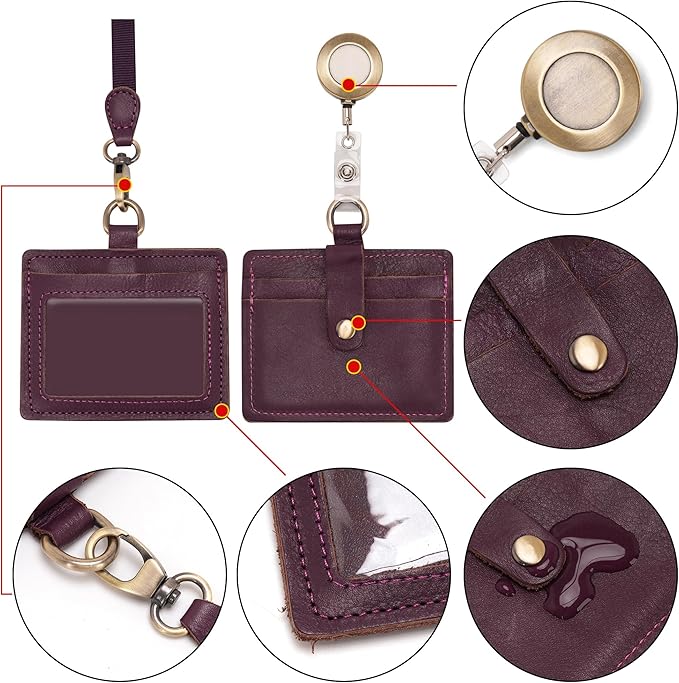 Wonderpool Leather Horizontal Badge Holder with Detachable Neck Lanyard and Retractable Badge Reel Clip, Card Slots Case ID Card Holder for ID Badges Card and Driver Licence (Purple)