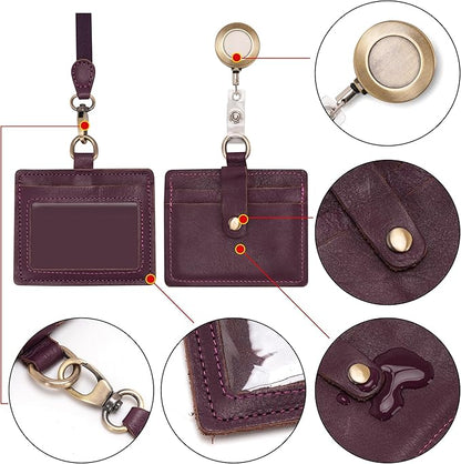 Wonderpool Leather Horizontal Badge Holder with Detachable Neck Lanyard and Retractable Badge Reel Clip, Card Slots Case ID Card Holder for ID Badges Card and Driver Licence (Purple)