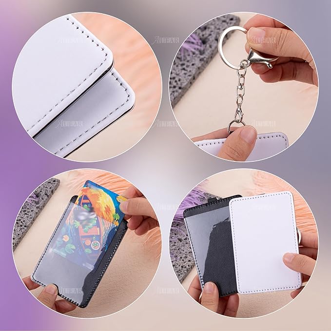 AUEAR, 6 Pack Sublimation Leather Badge Holder Set Work Card ID Sleeves with Keychains for Office (Vertical)