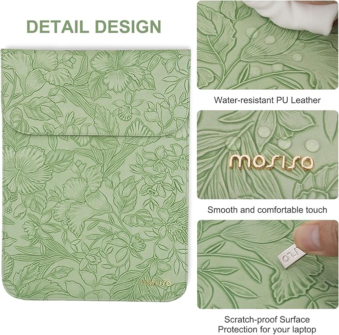 MOSISO Laptop Case 13 inch, 13 inch Laptop Sleeve Compatible with MacBook Air M4 M3 M2 M1 2025-2018 / Pro M2 M1 2025-2016, Embossed Retro Hibiscus PU Leather Case with Small Bag, Sage Green
