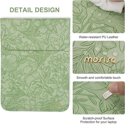 MOSISO Laptop Case 13 inch, 13 inch Laptop Sleeve Compatible with MacBook Air M4 M3 M2 M1 2025-2018 / Pro M2 M1 2025-2016, Embossed Retro Hibiscus PU Leather Case with Small Bag, Sage Green