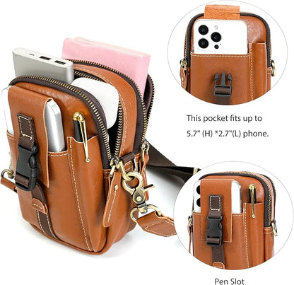LANNSYNE Small Leather Messenger Bag, 3-in-1 Crossbody Shoulder Bag & Waist Belt Pouch, Sling Purse for Travel Business