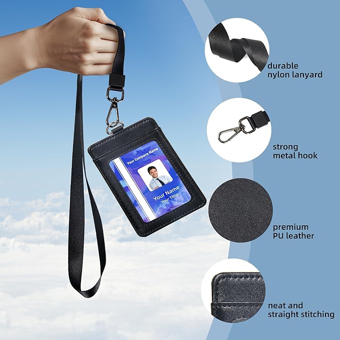 Leather Badge Holder with Adjustable Lanyards,Swivel Metal Clasp for Offices, Staff, Students, Employees(Black)